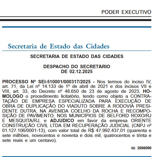 Governo do Estado homologa licitação para as obras de duplicação do viaduto que liga Belford Roxo à Mesquita